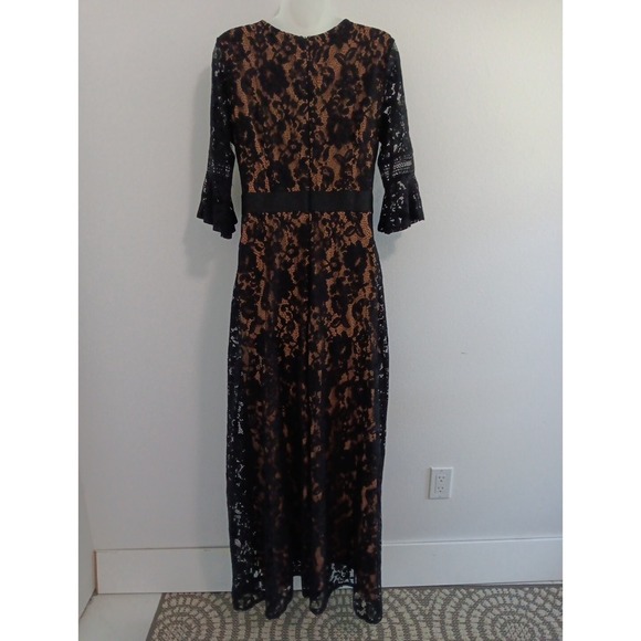 BOHO Maxi Dress Womens Large Black Lace over Beige‎ Bell Sleeve Coastal Romantic - Picture 4 of 11